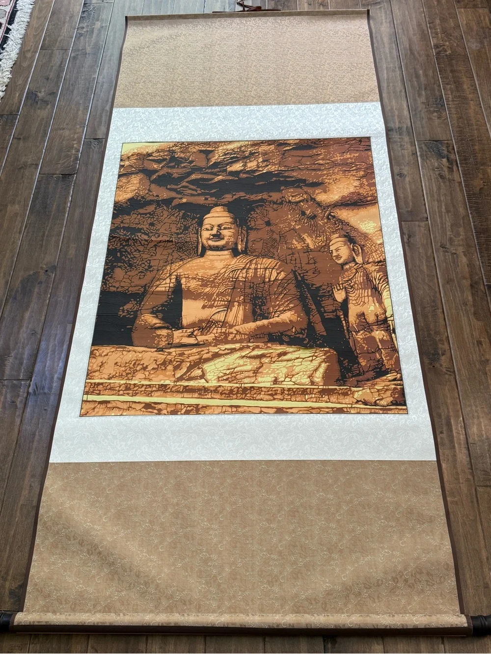 Yungang Grottoes Buddha Laser-Cut Papercut Art Scroll – 6 Foot, Silk Brocade